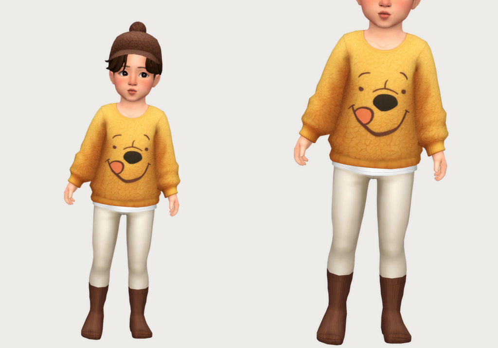 Un bambin dans Les Sims 4 portant une option de tenue personnalisée de Les Sims 4 avec Winnie l'ourson sur le pull
