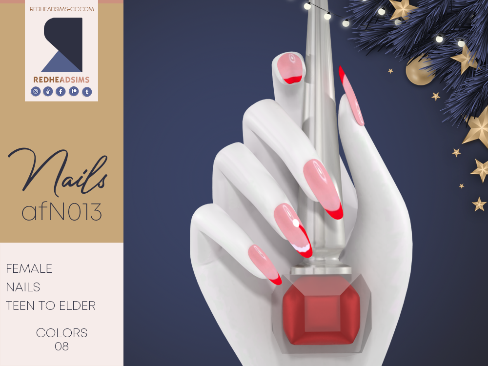 Une main entourant une bouteille de vernis à ongles pointue. Cette main a des ongles en forme d'amande longs qui sont roses avec de petits chapeaux de Père Noël