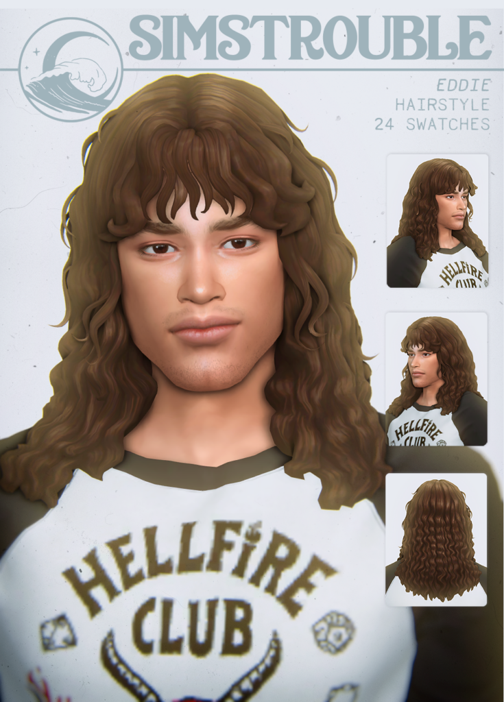 une sim avec des cheveux très bouclés qui arrivent aux épaules et a une frange. Ils portent un t-shirt qui dit Hellfire Club dans Les Sims 4
