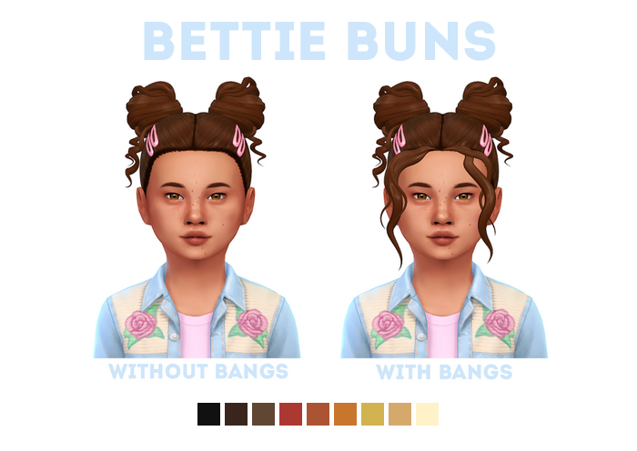 deux images d'un sim avec des chignons bouclés de chaque côté de sa tête, les chignons bouclés avec cc ont deux pinces à cheveux de chaque côté et l'un a une frange et l'autre n'en a pas