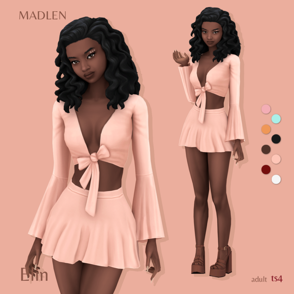 Une Sim des Sims 4 portant un ensemble deux pièces de couleur rose clair. Le haut est à manches longues et est noué devant.
