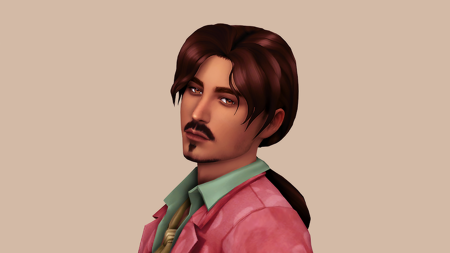 un sim qui ressemble à un pirate avec une frange de rideau comme coiffure cc et le reste en queue de cheval à l'arrière de sa tête. Les Sims 4.