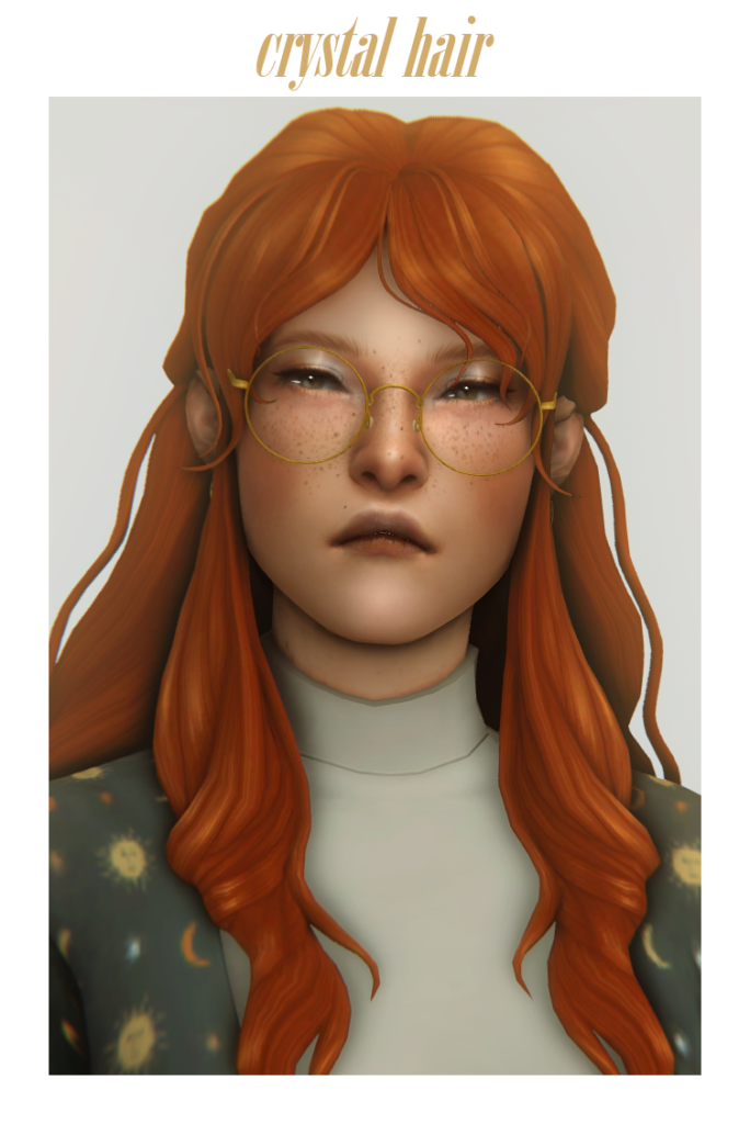 un sim portant une veste avec des lunes et des soleils ainsi que des lunettes dorées et ayant des cheveux roux bouclés
