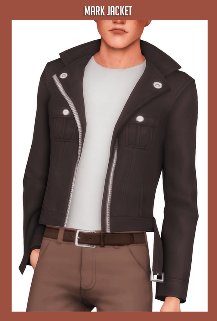 Un rectangle vertical avec un Sim dont la tête est coupée, il porte un pantalon marron et un t-shirt blanc avec une option de veste cc masculine par-dessus
