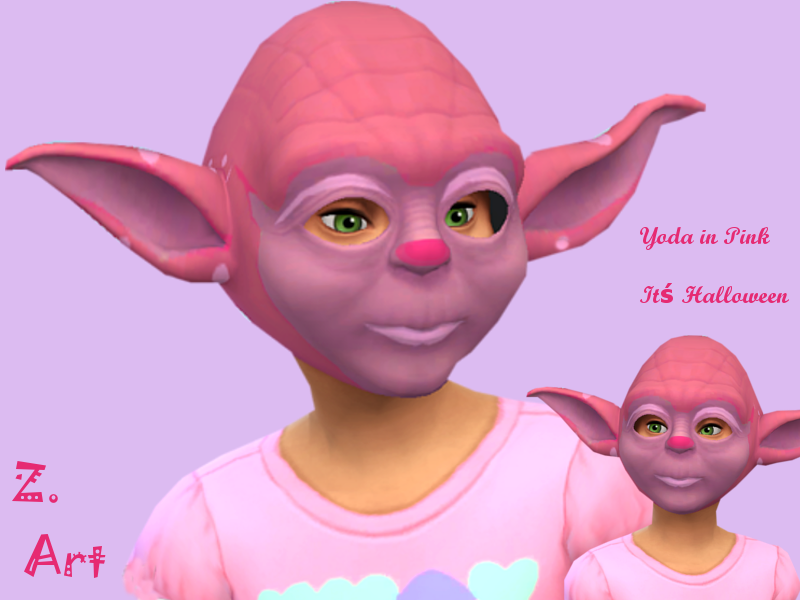 Un sim avec un masque Yoda rose portant un t-shirt rose vif