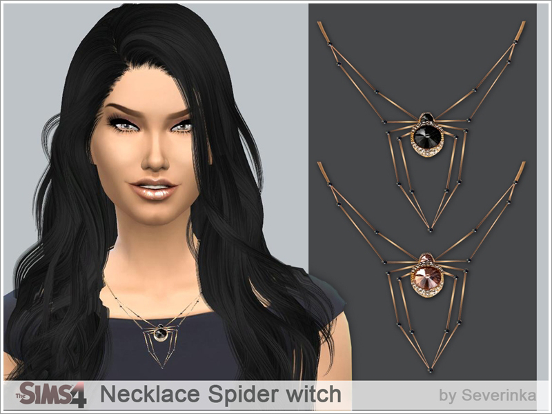 Un sim avec des cheveux noirs et des lèvres brillantes portant un collier qui ressemble à une araignée