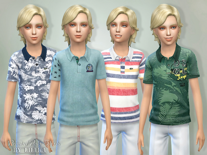 Quatre fois le même sim blond portant des t-shirts polo à motifs.