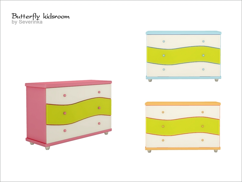 Un fond blanc où se trouvent trois commodes identiques de sims 4 cc. La commode est d'une seule couleur sur le dessus et les côtés, les tiroirs du haut et du bas sont blancs et celui du milieu est vert. Les poignées sont de la même couleur que l'extérieur de la commode.
