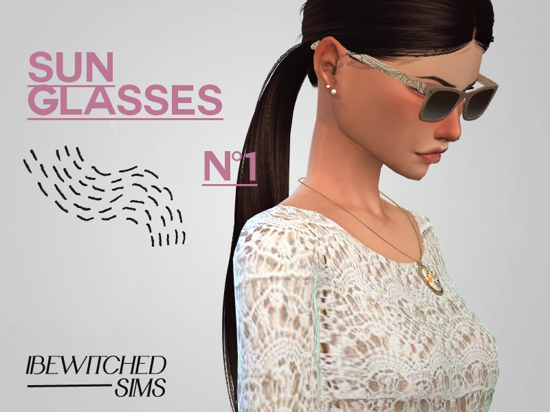 Un Sim portant une chemise en dentelle blanche avec des lunettes de soleil et ses cheveux bruns attachés en une longue queue de cheval.