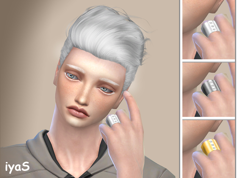 Un homme sim des Sims 4 portant une large bague avec trois diamants dessus.