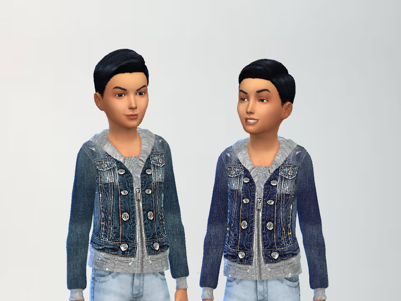Le même Sim aux cheveux noirs portant une veste en jean par-dessus un sweat à capuche gris.