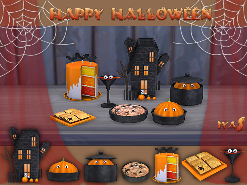 Une table couverte de décorations pour une soirée dînatoire dans Les Sims 4 pour Halloween