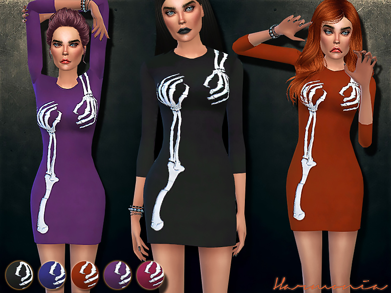 Un ensemble de sims portant une robe d'Halloween pour Les Sims 4, c'est une robe-pull à manches longues avec des mains de squelette qui entourent la poitrine