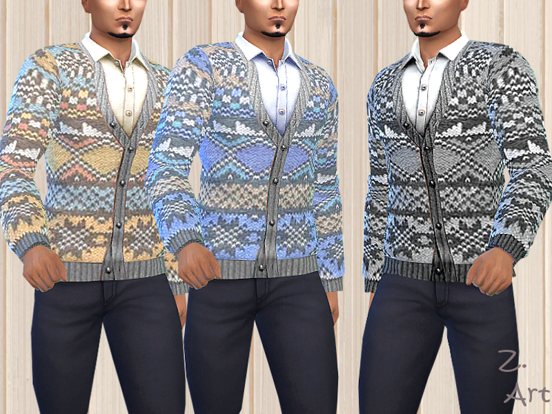 Trois versions du même Sim portant une chemise blanche boutonnée sous un pull Sims 4 CC