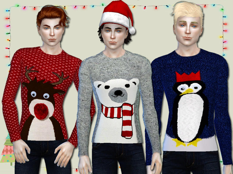 Trois Sims différents portant un pull de Noël fin. Le premier a un renne, le deuxième un ours polaire et le troisième est un pingouin.