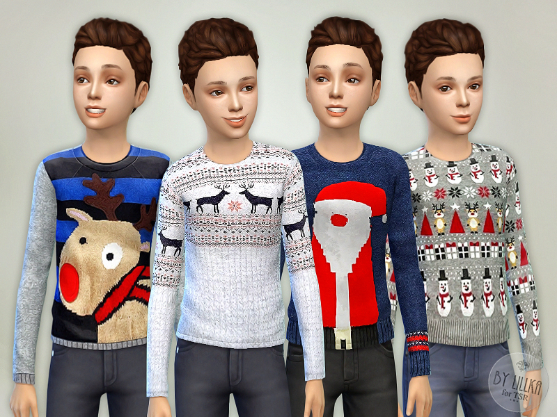 Quatre enfants Sims masculins portant des pulls de Noël de motifs différents.