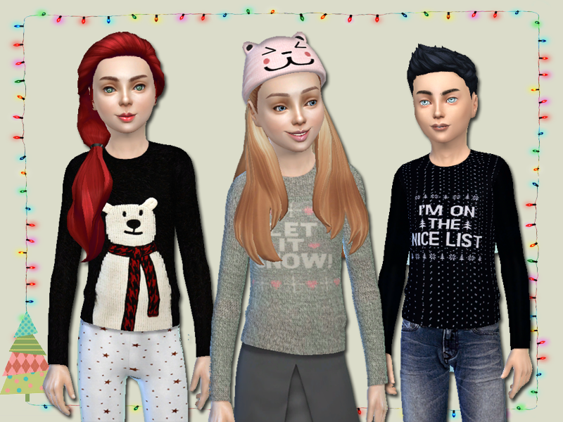Trois personnages Sims 4 qui portent tous des vêtements de Noël CC. Ils ont des pulls avec des inscriptions comme