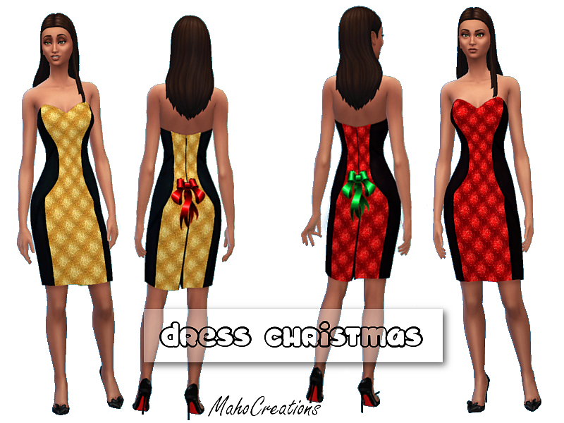 Cette robe présente un motif hivernal au milieu, du noir de chaque côté et un nœud à l'arrière juste au-dessus des fesses.