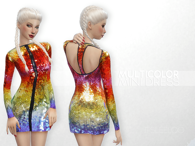 Un sim avec des cheveux blancs portant une robe arc-en-ciel ornée de strass.