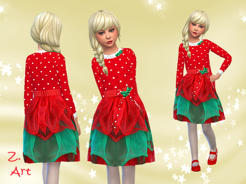 La même enfant blonde trois fois. Le haut de leur robe CC de Noël pour Sims 4 est rouge avec des pois blancs, le bas comporte des couches de tulle rouge et vert. Elles portent également des chaussures rouges.