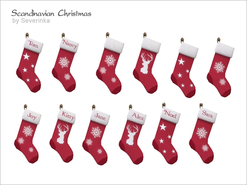 Un ensemble de charmantes chaussettes encombrantes pour décorer dans Les Sims 4. Elles sont rouges avec des flocons de neige ou des étoiles sur la partie principale de la chaussette, certaines d'entre elles ont même des noms en haut.