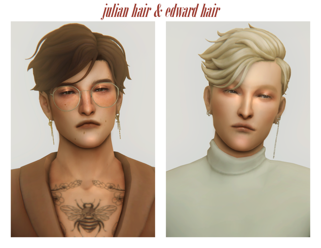 Deux options de cheveux cc pour vos sims masculins dans Les Sims 4, avec un sim portant une abeille sur sa poitrine.