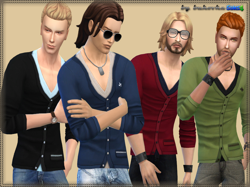 Quatre sims masculins différents portant un pull à col en V très profond avec des boutons et une petite poche dans Les Sims 4