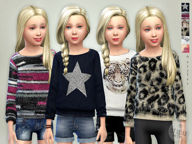 Quatre sims portant des sweats mignons dans le jeu qui sont parfaits pour les chemises cc pour sims 4 kids