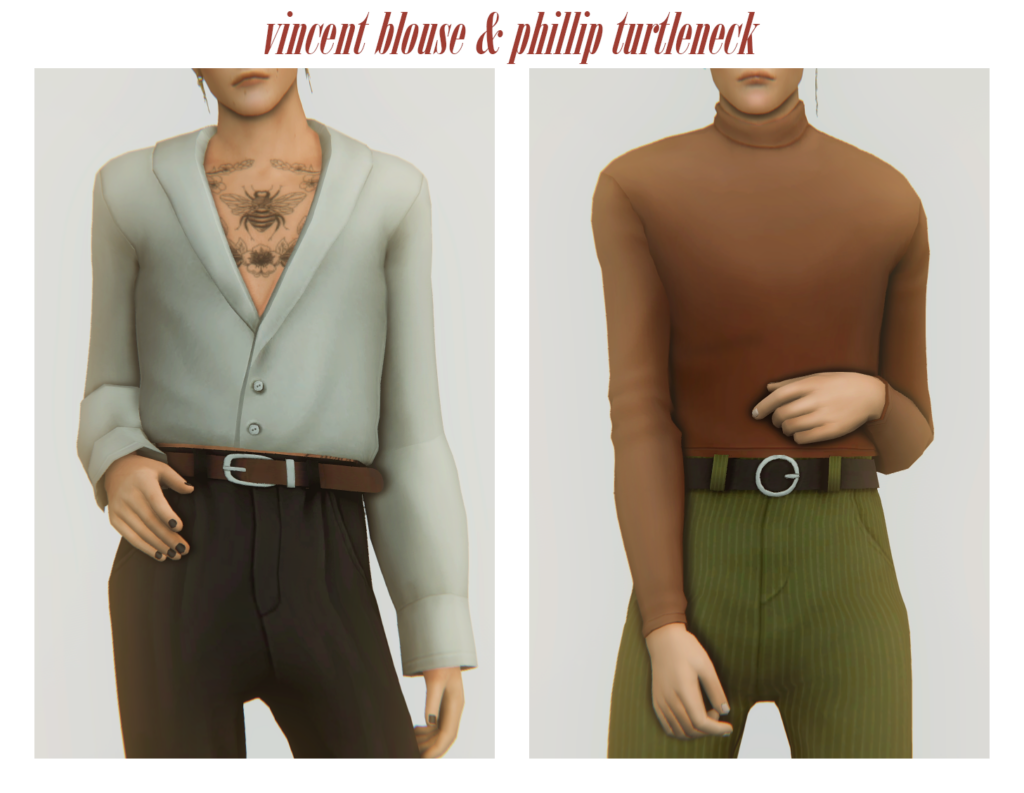 Deux images de Sims dont les têtes sont coupées sur les images. Ces Sims portent des chemises intéressantes avec des boutons et des cols roulés.
