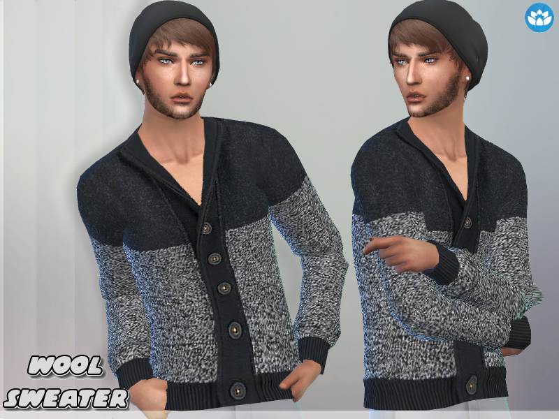 Deux versions du même sim masculin portant un bonnet, des boucles d'oreilles et un pull en laine à boutons dans Les Sims 4