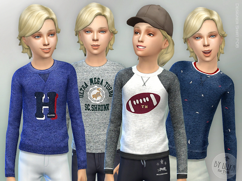 Quatre sims blonds portant des jeans et un pull à manches longues.