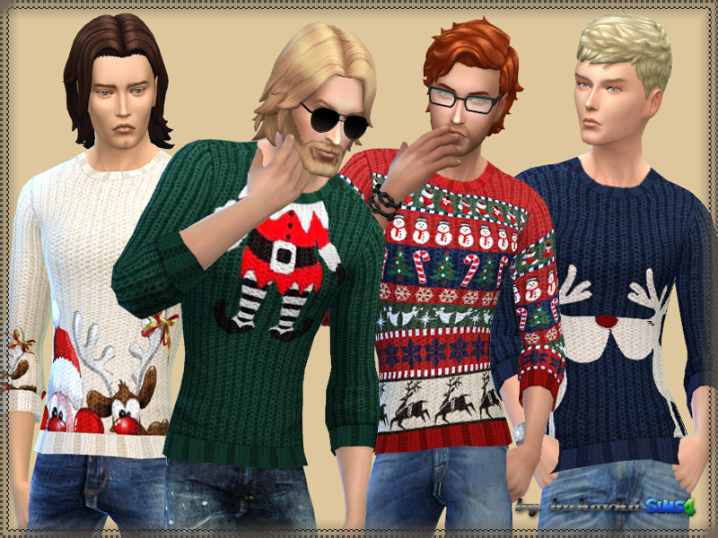 Quatre Sims portant des pulls de Noël CC à manches 3/4 pour Sims 4