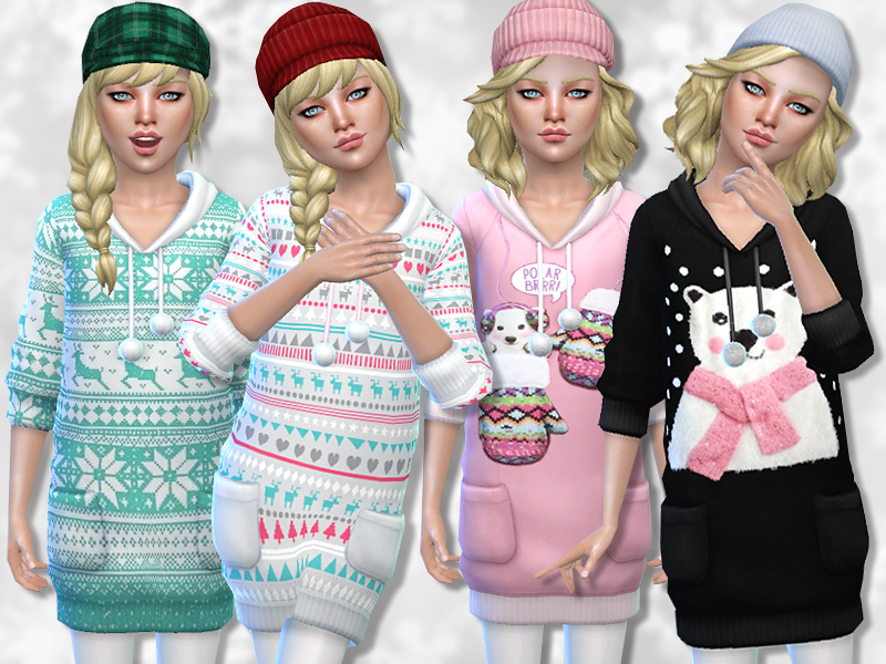 Quatre enfants blonds dans Les Sims 4 portant des robes-pulls conçues pour Noël. Elles ont des motifs comme des ours polaires et des sapins de Noël.