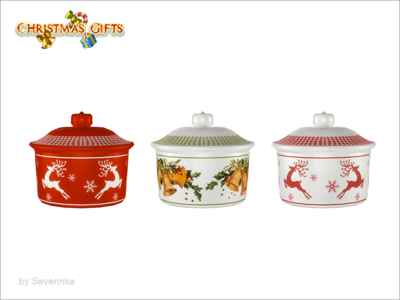 Trois bols en porcelaine avec des couvercles ornés de motifs de rennes pour Les Sims 4. Ils sont parfaits en tant qu'objets encombrants CC.