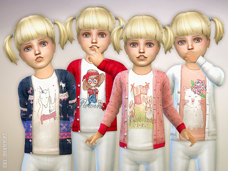 La même Sim blonde au regard effrayant 4 fois avec les cheveux attachés en couettes, elles portent toutes un pantalon blanc et différentes versions du même cardigan Sims 4 CC.