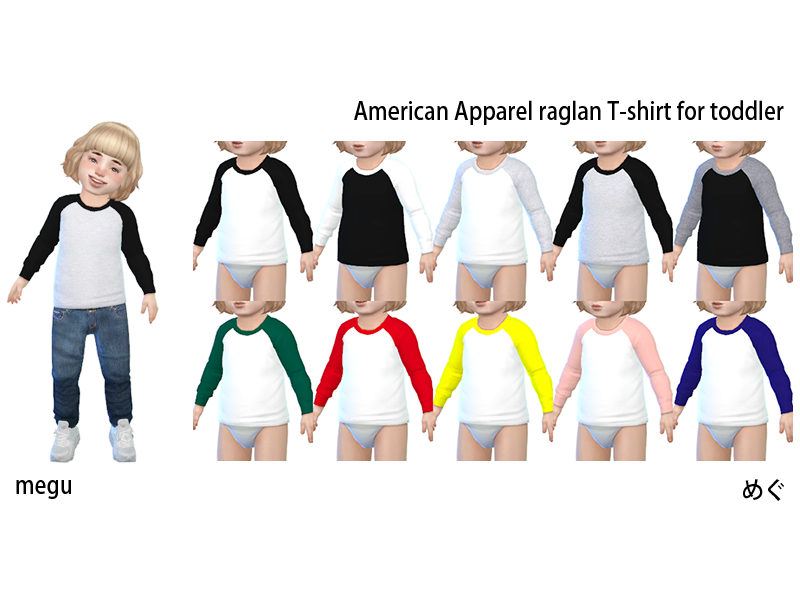 Un tout-petit blond aux yeux bleus portant un jean bleu et des baskets blanches. Par-dessus, ce Sim porte un t-shirt raglan avec une base blanche et des manches noires.