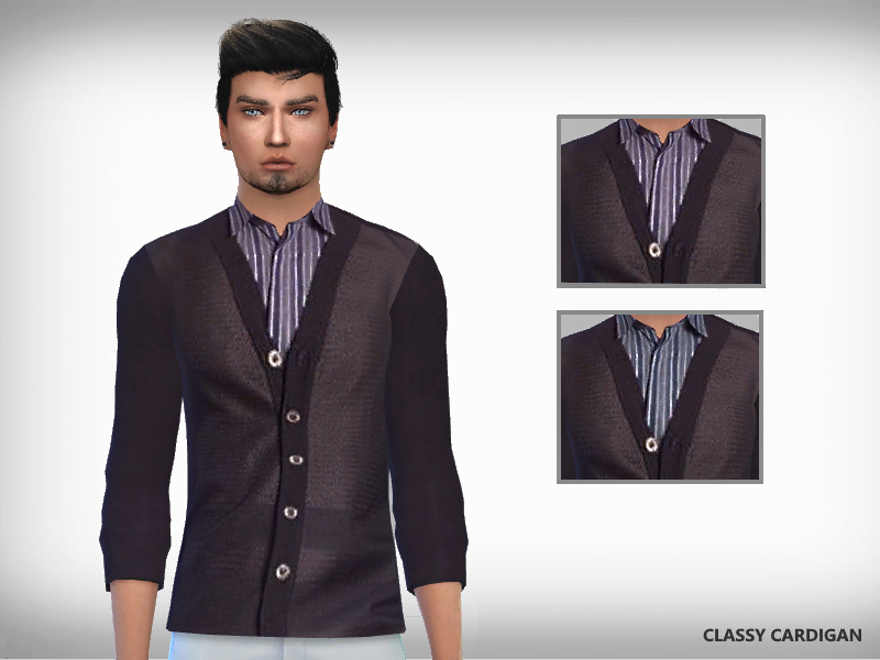 Un sim vous regarde droit dans les yeux portant une chemise violette à rayures avec un cardigan par-dessus.