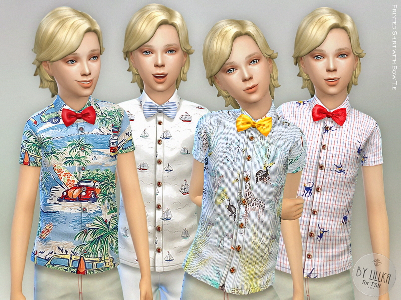 Le même Sim blond quatre fois, tous portant des chemises à boutons imprimées et des nœuds papillons.