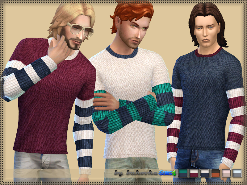 Trois différents hommes Sims portant le même pull tricoté à rayures où les manches sont rayées et le corps est d'une seule couleur dans Les Sims 4