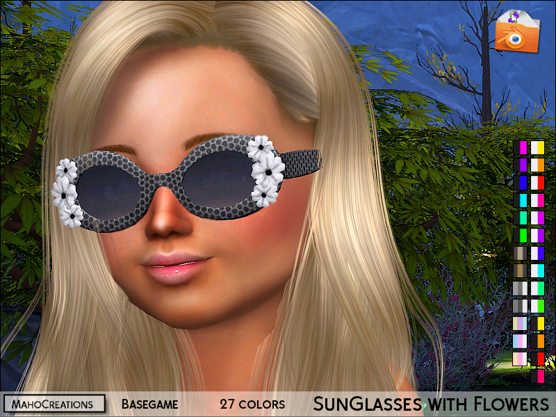 Un enfant blond dans Les Sims 4 avec de longs cheveux. Il porte une paire de petites lunettes de soleil arrondies avec des fleurs sur le bord.