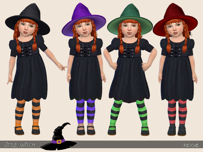 Quatre sims habillés en robes de sorcière et chapeaux