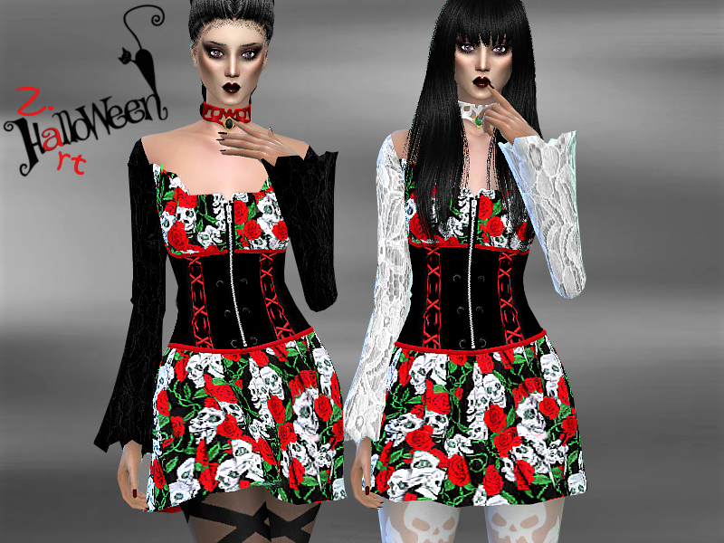 Deux Sims portant une robe à motifs floraux et crânes avec un corset et des manches en dentelle