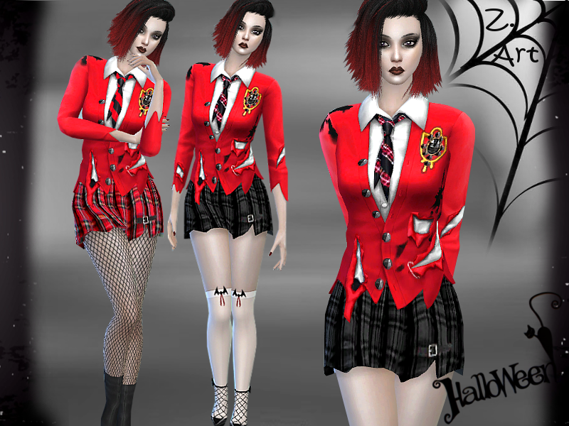Un sim portant un uniforme scolaire déchiré, son maquillage est sombre avec un rouge à lèvres foncé