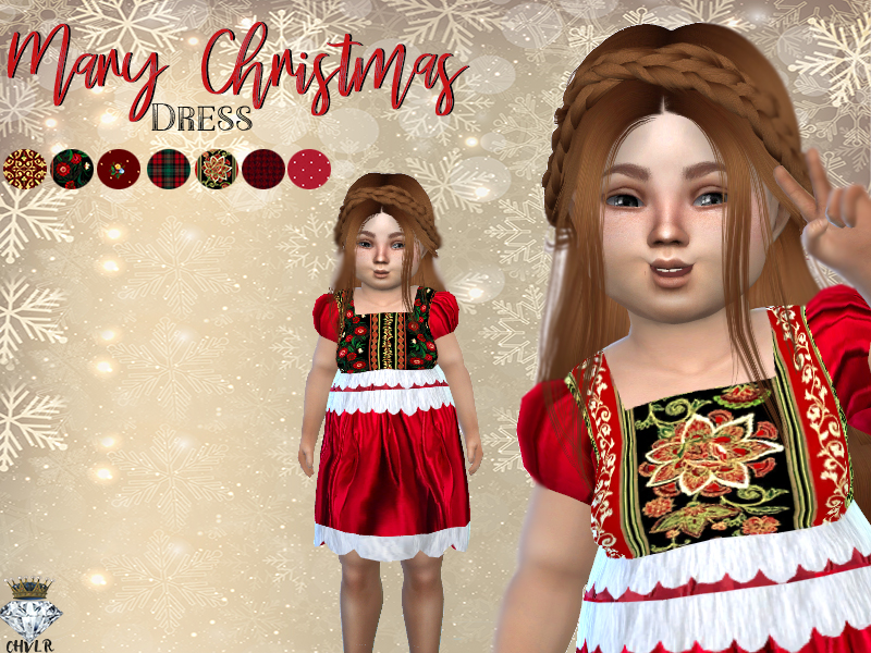 Un Sim avec une couronne de tresse sur la tête qui porte une élégante robe de Noël en CC avec un ourlet festonné