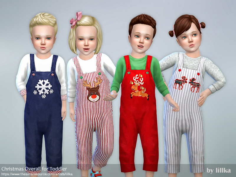 Quatre Sims en bas âge dans Les Sims 4 qui portent des vêtements de Noël CC Sims 4, à savoir une paire de salopettes par-dessus une chemise à manches longues.