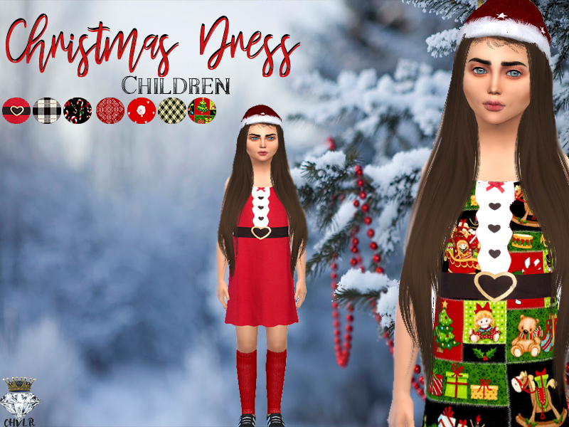 Un sim debout dans une robe rouge qui ressemble un peu à celle du Père Noël, cependant, les détails sur cette robe de Noël Sims 4 CC sont des cœurs au lieu de cercles.