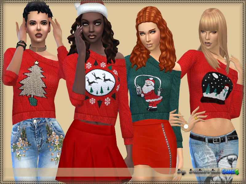 Quatre personnages féminins de Les Sims 4 portant des pulls de Noël. Ces pulls sont épaules dénudées.