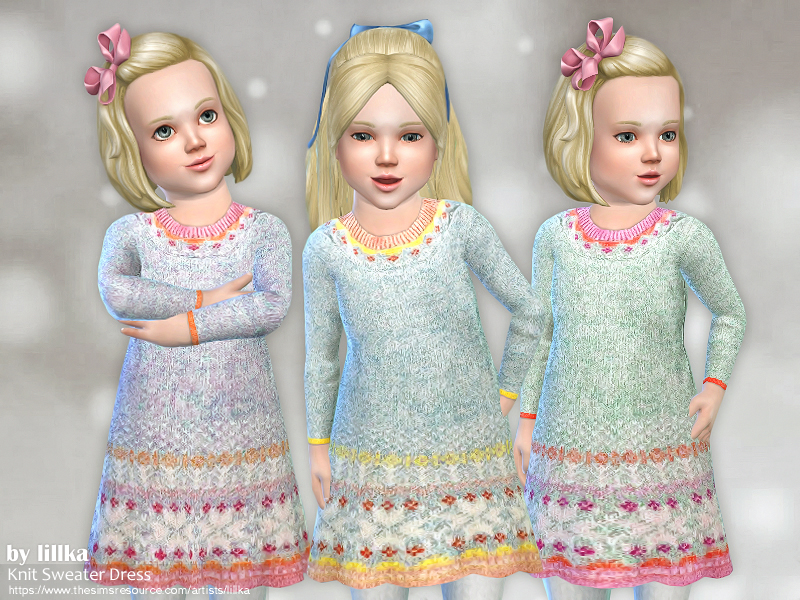 Trois tout-petits blonds des Sims 4 portant des variantes différentes de la même robe à manches longues tricotée