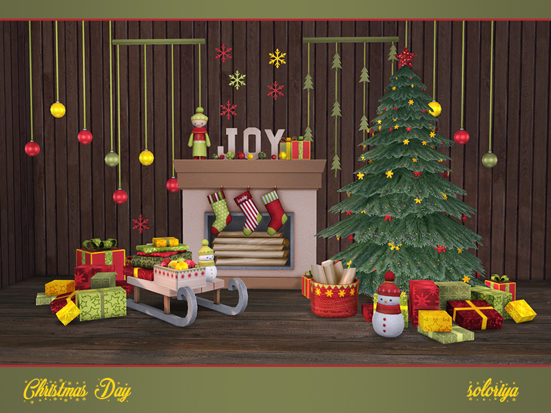 Un ensemble de sims 4 cc pour Noël comprenant une cheminée, des chaussettes, un bonhomme de neige, des cadeaux et un sapin de Noël.
