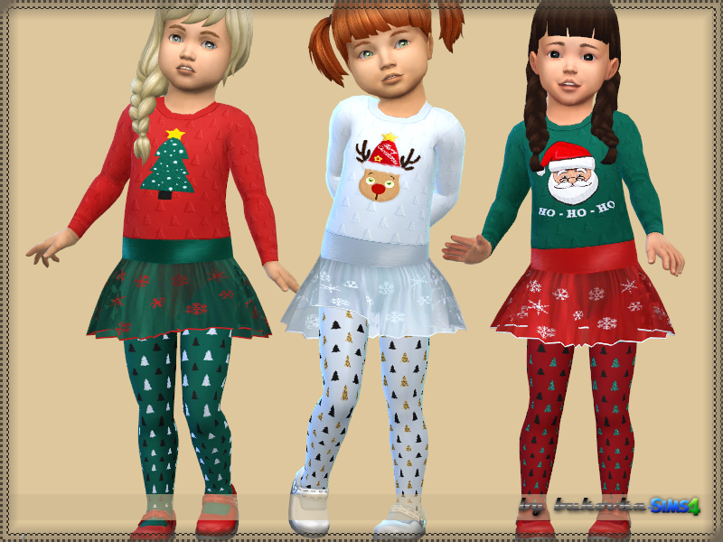 Trois Sims différents dans Les Sims 4 portant des collants amusants en forme d'arbre de Noël sous une robe à manches longues en CC Sims 4.